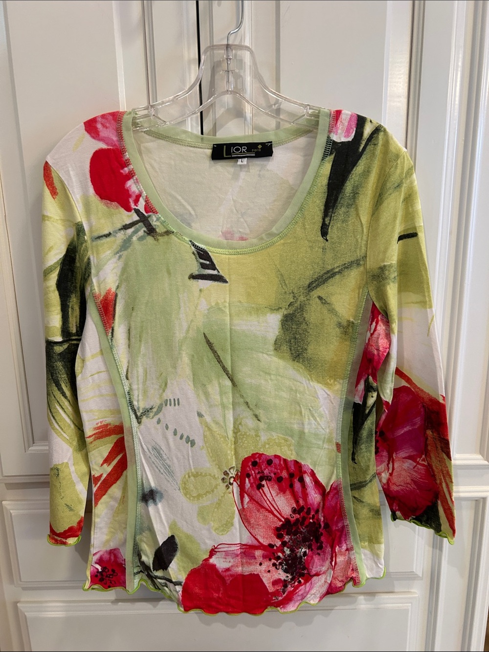 LIOR Paris Floral Scoop Neck Long Sleeve Top in Light Green and Pink